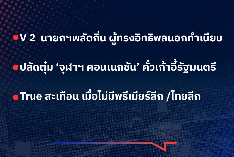 เรื่องมันมีอยู่ว่า V 2   นายกฯพลัดถิ่น ผู้ทรงอิทธิพลนอกทำเนียบ  ปลัดตุ๋ม ‘จุฬาฯ  คอนเนกชัน’ คั่วเก้าอี้รัฐมนตรี  True สะเทือน เมื่อไม่มีพรีเมียร์ลีก ไทยลีก