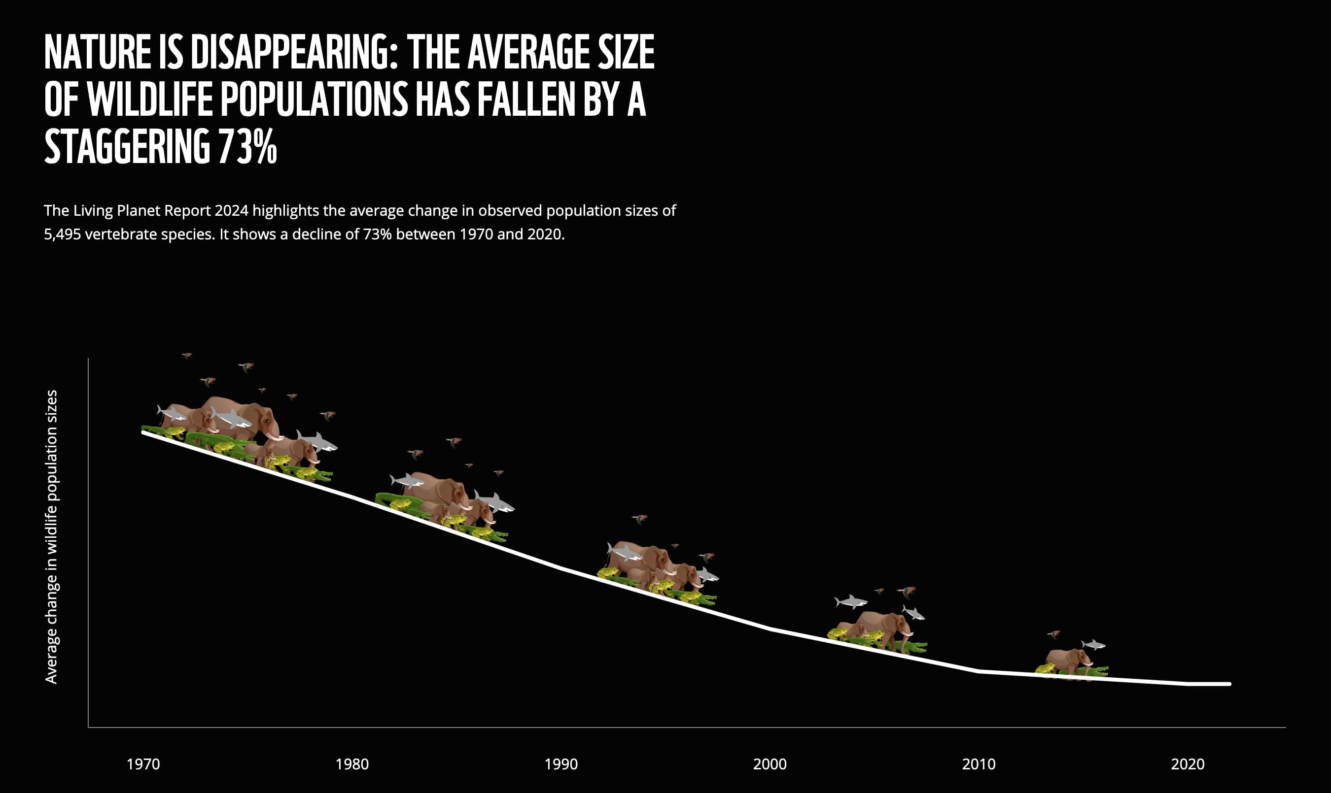 กราฟแสดงจำนวนประชากรสัตว์ทั่วโลกในช่วงปี 1970-2020 จัดทำโดย WWF