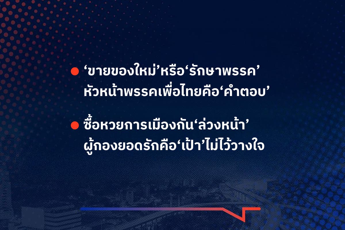 เรื่องมันมีอยู่ว่า ‘ขายของใหม่’หรือ‘รักษาพรรค’ หัวหน้าพรรคเพื่อไทยคือ‘คำตอบ’ ,  ซื้อหวยการเมืองกัน‘ล่วงหน้า’ ผู้กองยอดรักคือ‘เป้า’ไม่ไว้วางใจ