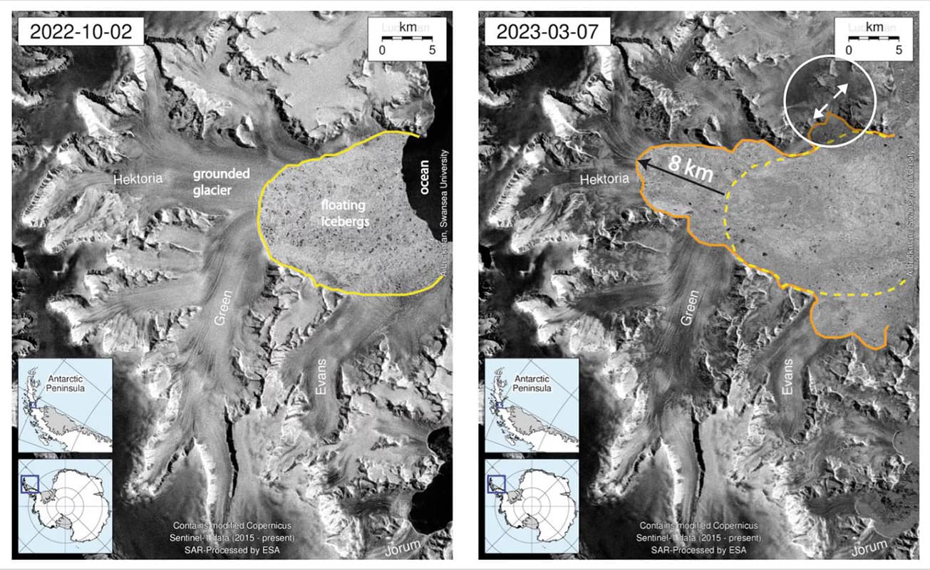 รูปภาพของธารน้ำแข็ง Hektoria antes y después del retroceso récord de ocho kilómetros en single dos meses./ ESA/UNIVERSIDAD SWANSEA