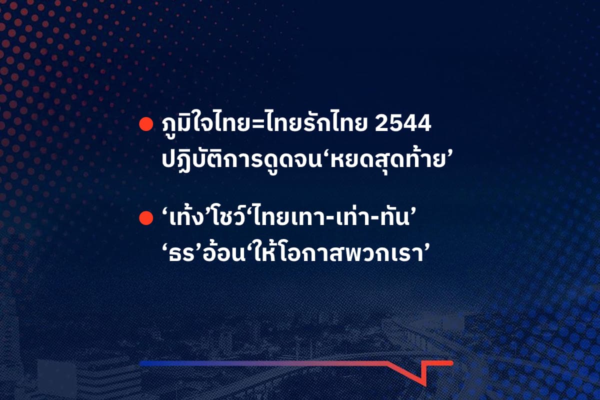 เรื่องมันมีอยู่ว่า ภูมิใจไทย=ไทยรักไทย 2544 ปฏิบัติการดูดจน‘หยดสุดท้าย’ ,‘เท้ง’โชว์‘ไทยเทา-เท่า-ทัน’ ‘ธร’อ้อน‘ให้โอกาสพวกเรา’