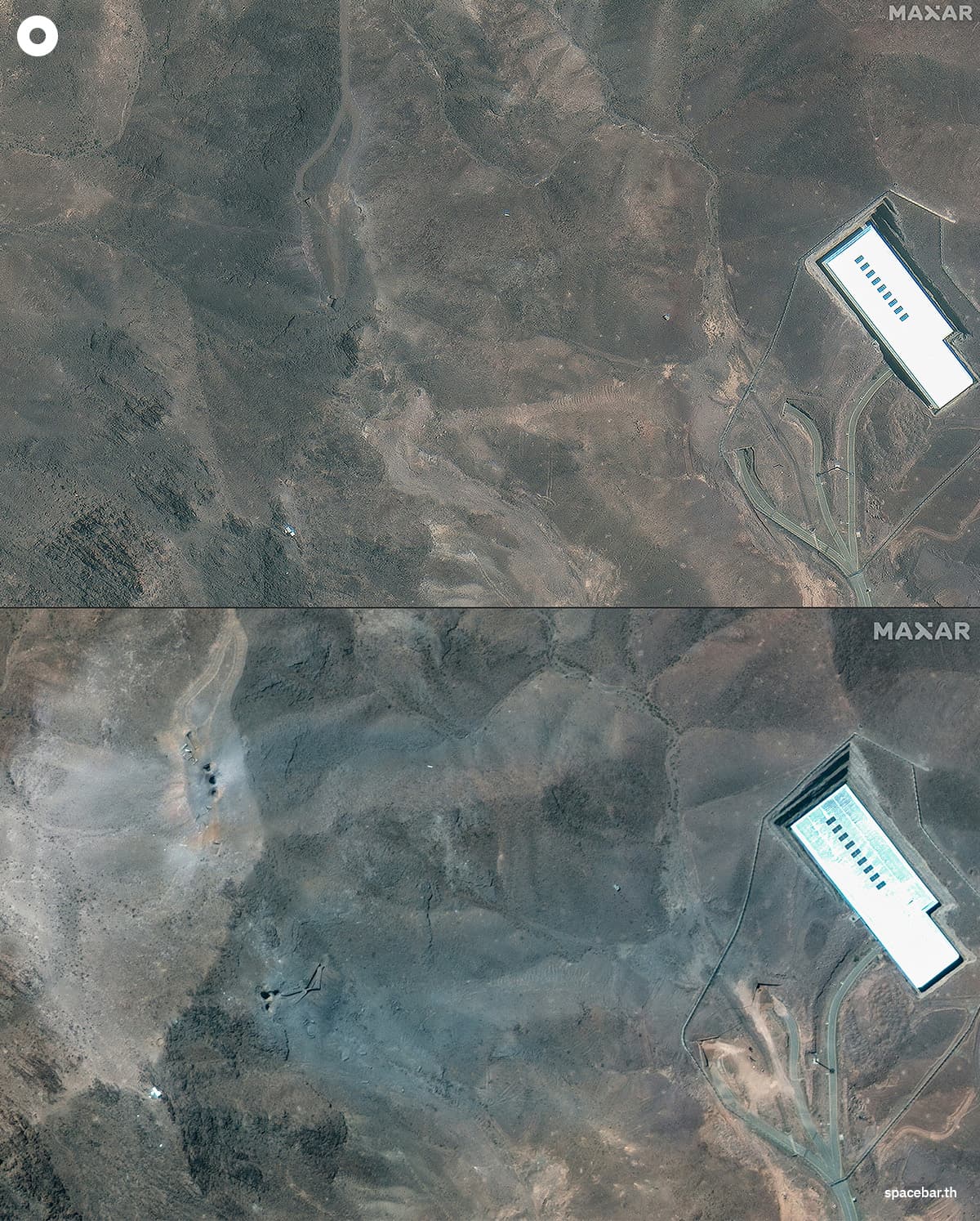 ภาพถ่ายดาวเทียมโรงงานฟอร์โดว์ ก่อน (19 มิ.ย./ ภาพบน) และหลัง การโจมตีของสหรัฐฯ (22 มิ.ย.) Photo by Satellite image ©2025 Maxar Technologies / AFP