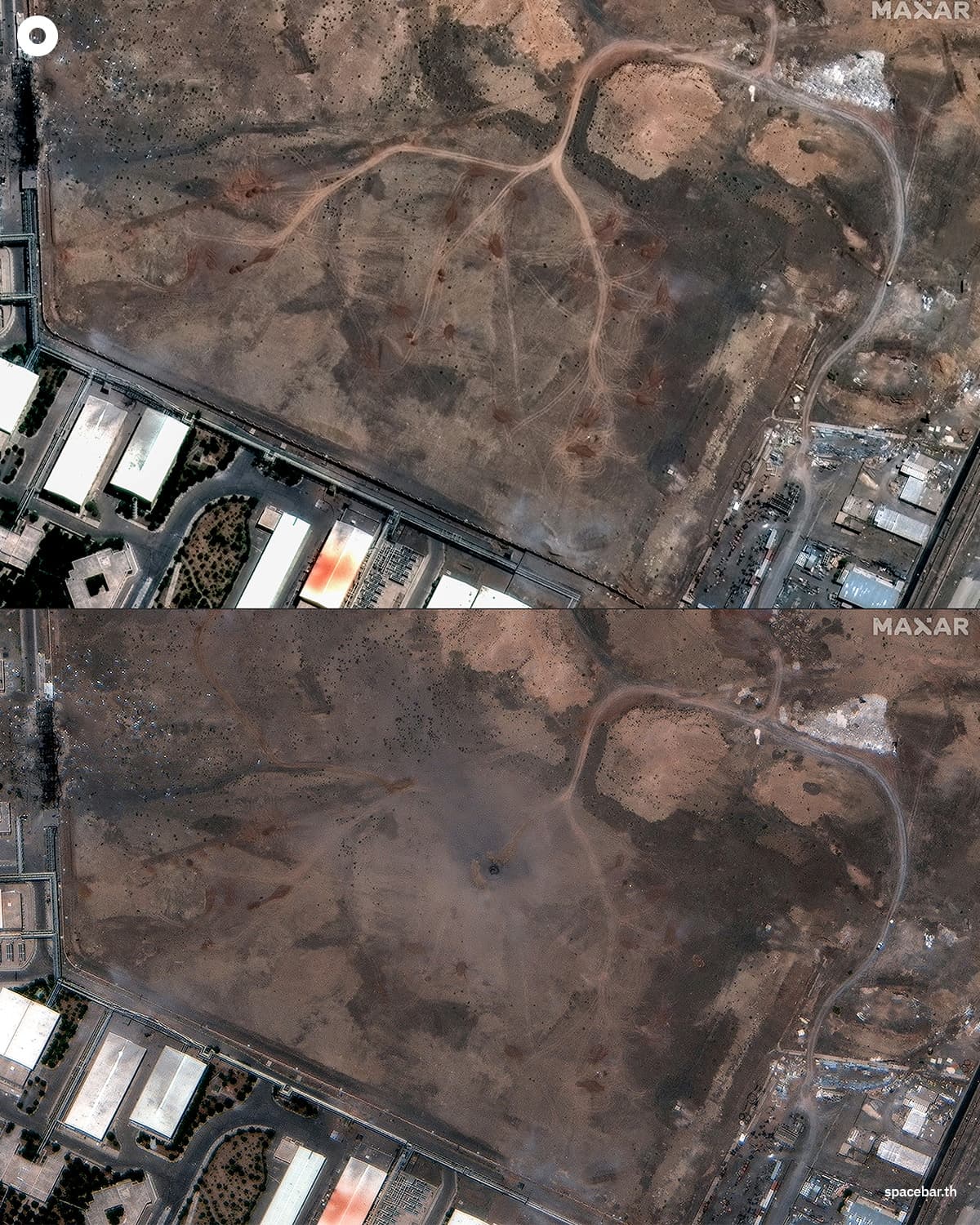 ภาพถ่ายดาวเทียมโรงงานนาทันซ์ ก่อน (15 มิ.ย./ ภาพบน) และหลังการโจมตีของสหรัฐฯ (22 มิ.ย.) Photo by Satellite image ©2025 Maxar Technologies / AFP