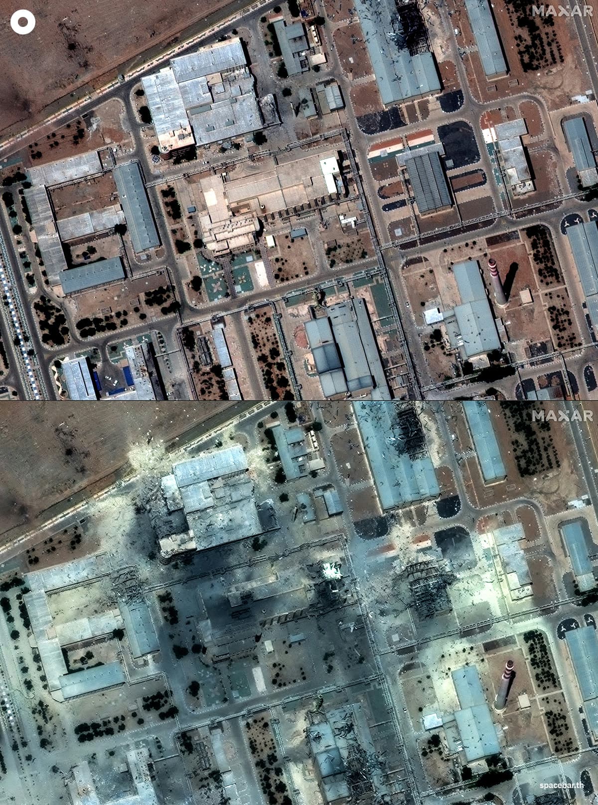 ภาพถ่ายดาวเทียมโรงงานฟอร์โดว์ ก่อน (16 มิ.ย.) และหลัง การโจมตีของสหรัฐฯ (22 มิ.ย.) Photo by Satellite image ©2025 Maxar Technologies / AFP