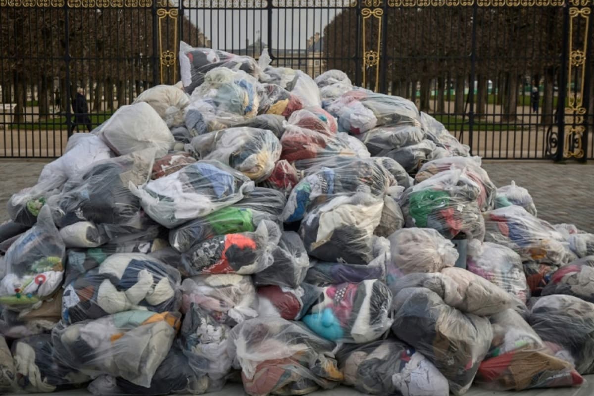 Bags of textile waste, seen in Paris in March 2025
