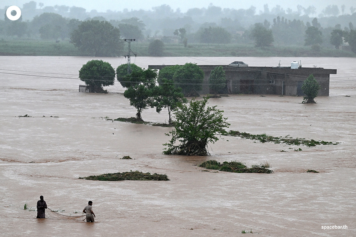PhotoStory-   ชาวบ้านกำลังจับปลาท่ามกลางน้ำท่วมหลังฝนตกหนักในหมู่บ้านลาเดียน เมืองราวัลปินดี เมื่อวันที่ 17 กรกฎาคม 2025 (Photo by Aamir QURESHI / AFP) 